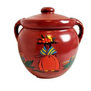 Carmen Miranda Style Hand Painted Ceramic Pot with Lid Maroon Vintage 8 In Tall